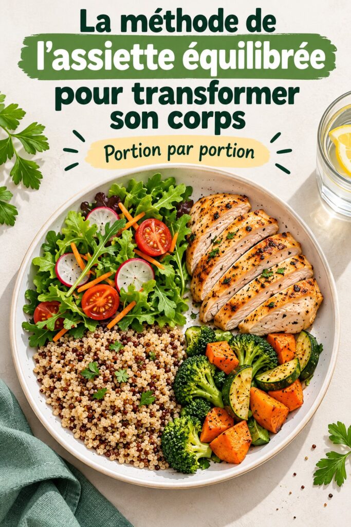 Assiette équilibrée avec des légumes, des protéines et des glucides pour une alimentation saine.