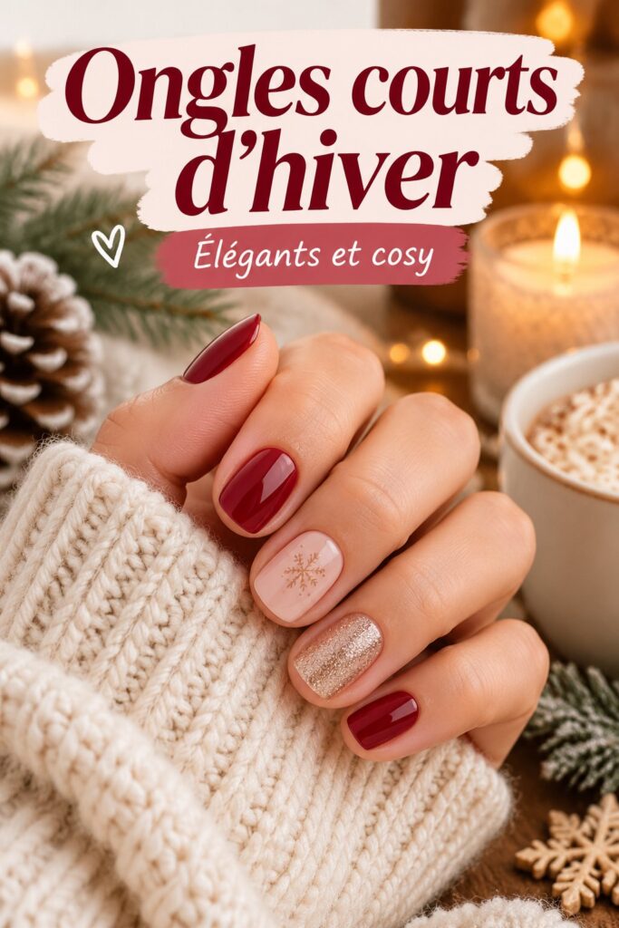 Femme aux ongles courts brillants avec un vernis de couleur hiver