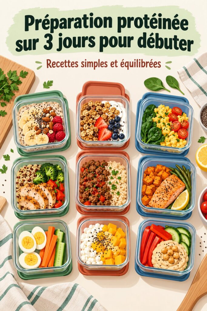 Assiette de plats sains et riches en protéines prêts pour la semaine, sur une table en bois.