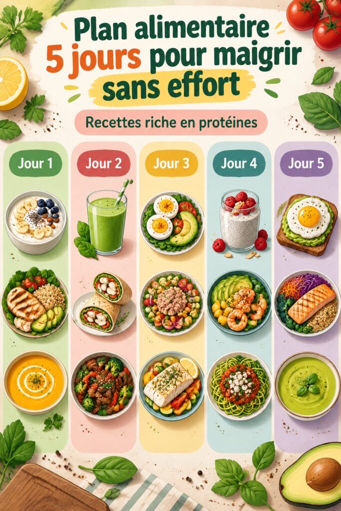 Plan de repas sain et équilibré avec des ingrédients frais et colorés, prêt à être dégusté.