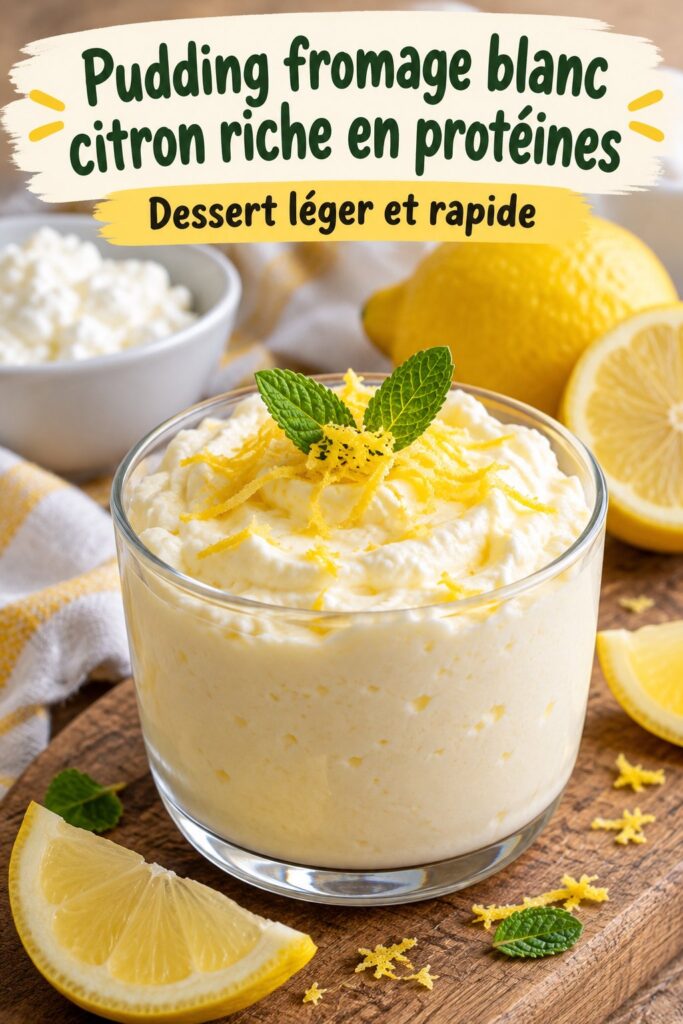 Un pudding crémeux au fromage cottage et citron dans un bol avec une cuillère.