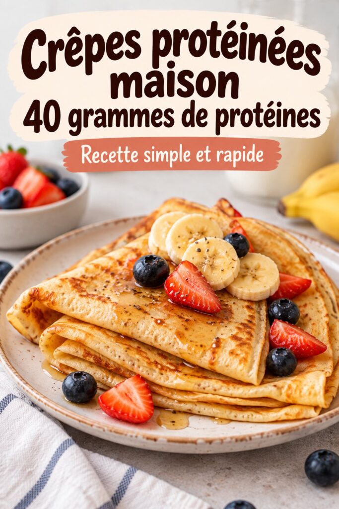 Une assiette de pancakes protéinés avec des fruits frais et du sirop d'érable