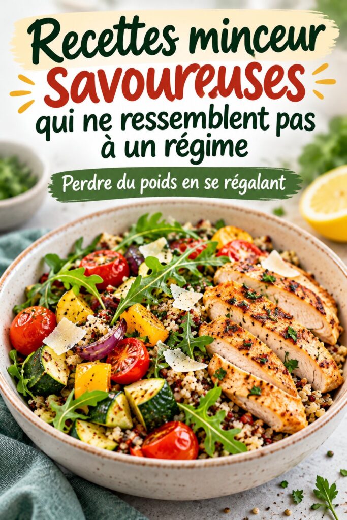 Assiette de recettes minceur savoureuses rassemblant des aliments colorés et appétissants