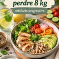 Femme préparant un repas sain dans sa cuisine pour un rééquilibrage alimentaire