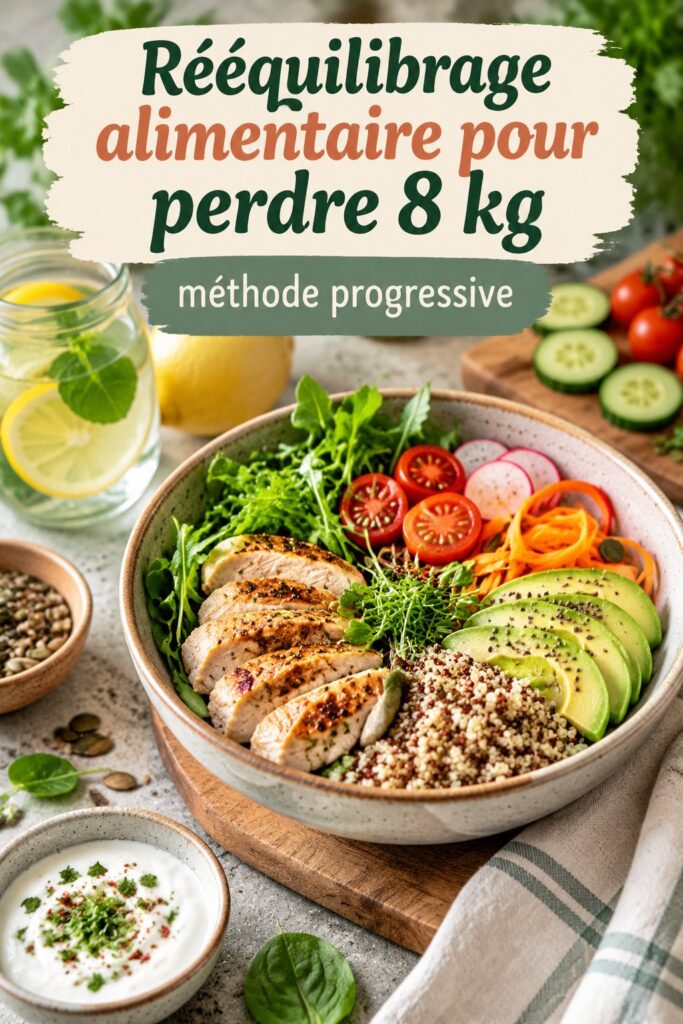 Femme préparant un repas sain dans sa cuisine pour un rééquilibrage alimentaire