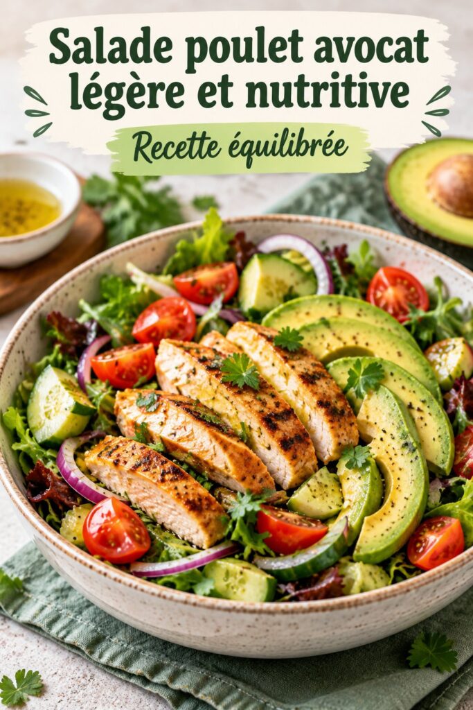 Salade de poulet à l'avocat, colorée et appétissante, servie dans un bol en bois