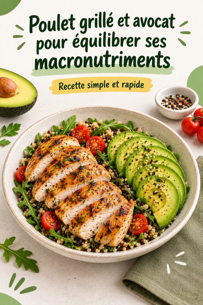 Salade de poulet grillé avec morceaux d'avocat sur une assiette colorée, présentant une harmonie de couleurs et de textures.