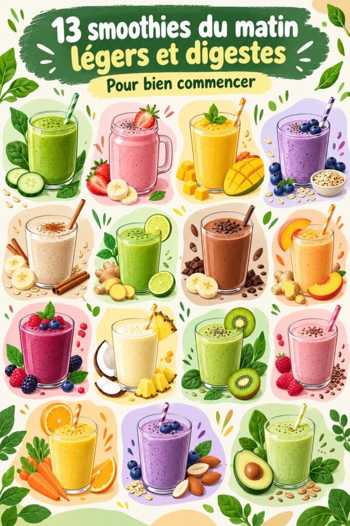 Une sélection de smoothies légers et colorés pour un petit déjeuner sain.