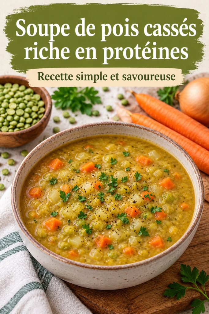Soupe aux pois cassés bien chaude servie dans un bol avec des herbes fraîches en garniture.