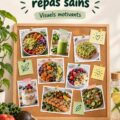 Tableau d'inspiration culinaire pour repas sains avec des images colorées de plats nutritifs.