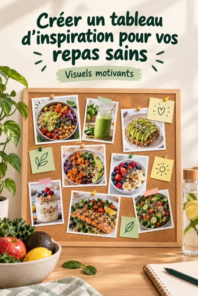Tableau d'inspiration culinaire pour repas sains avec des images colorées de plats nutritifs.